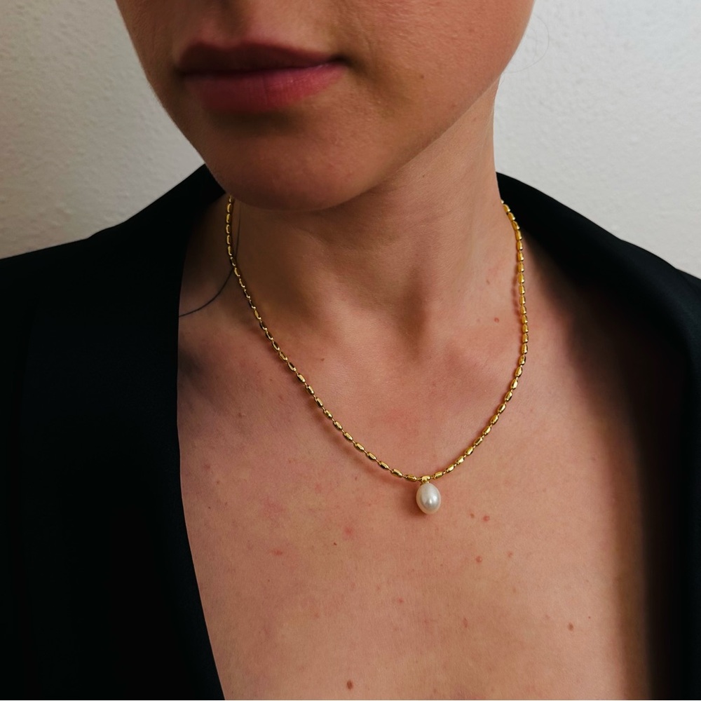 New 18K Gold Beads Chain Real Pearl Chocker Necklace - Picture 2 of 8